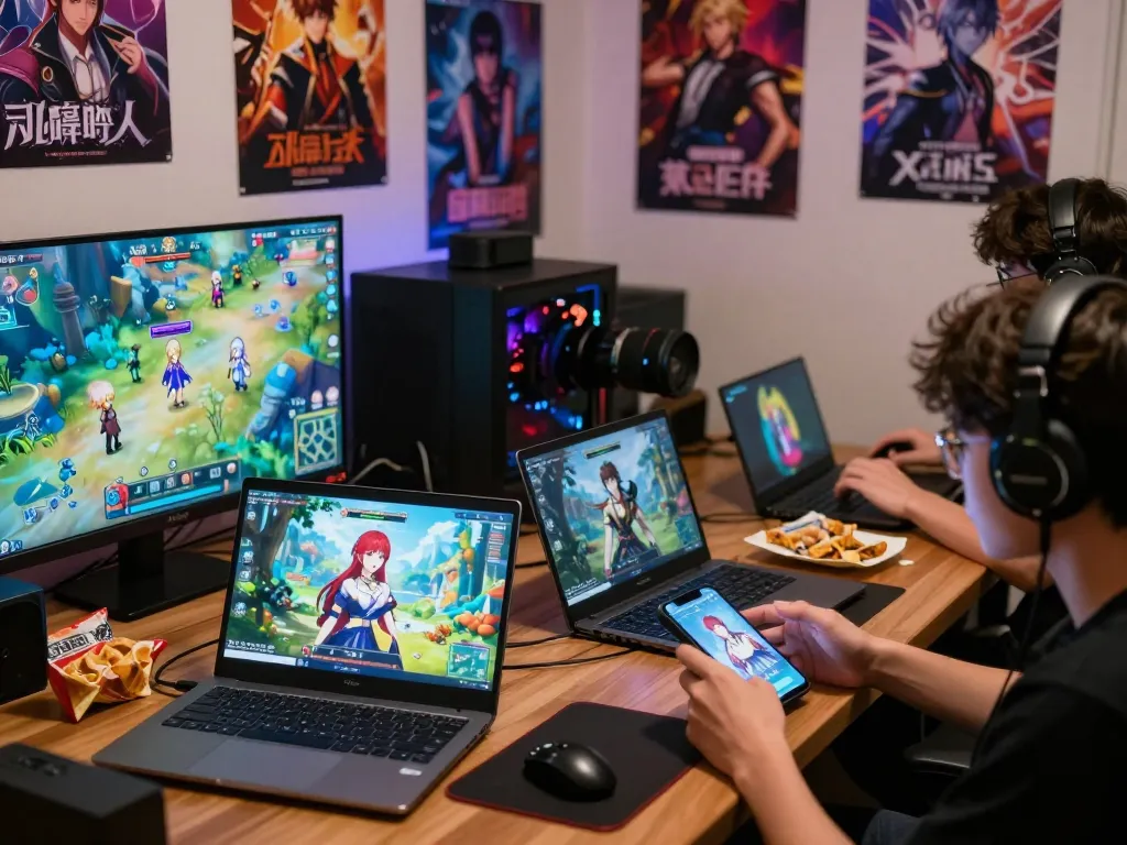 Engaged players enjoying porngames on various devices in a cozy gaming environment.