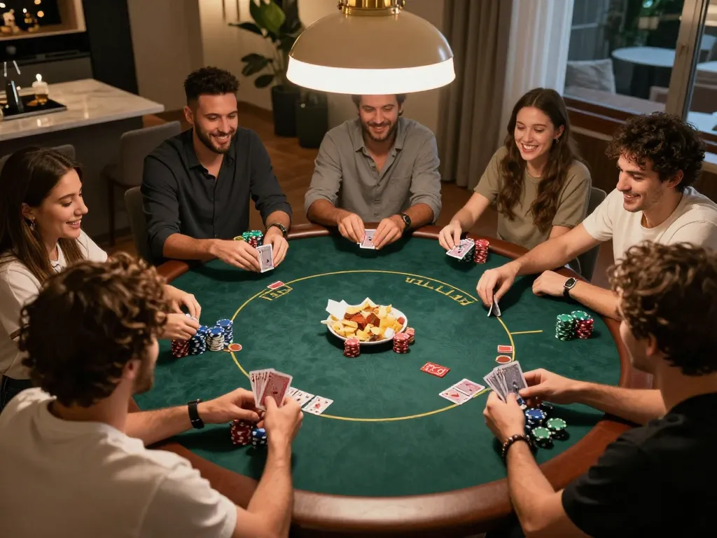 Players engage in a friendly poker game at home, showcasing go88 web experience with strategy and social interaction.