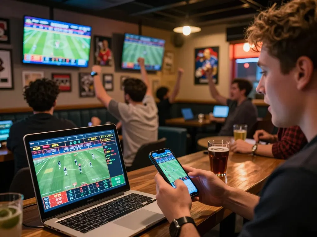 Engaged bettors discussing soi kèo strategies while watching live sports on multiple screens.