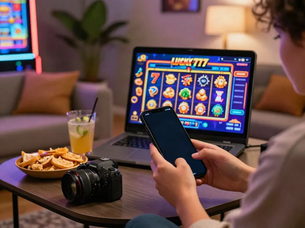 Person enjoying Lucky777 mobile slots in a cozy gaming setup with colorful graphics.