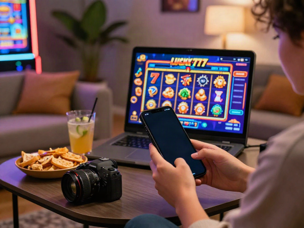 Person enjoying Lucky777 mobile slots in a cozy gaming setup with colorful graphics.