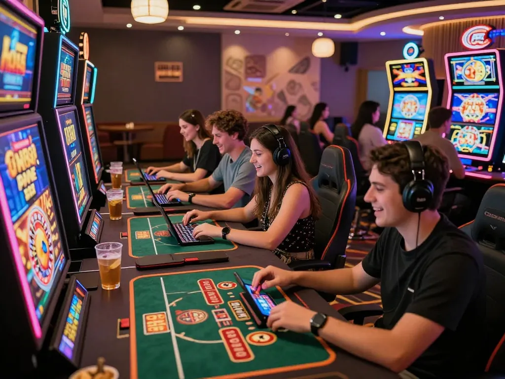 Alev Casino vibrant gaming atmosphere with players enjoying slots and roulette in dynamic online environment.