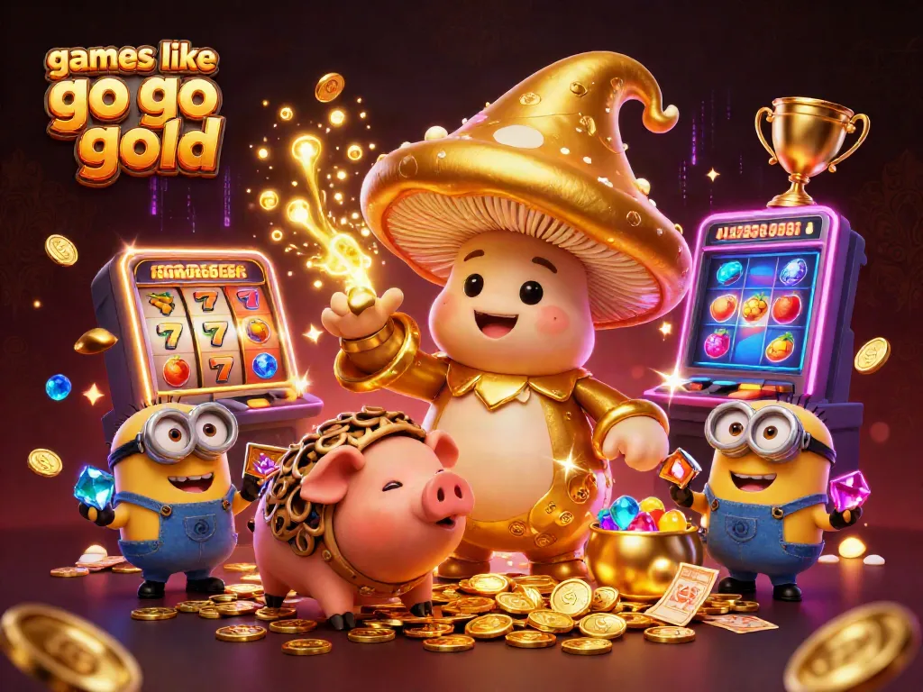 Spin to win with games like go go gold featuring golden mushroom wizard and slot reels.