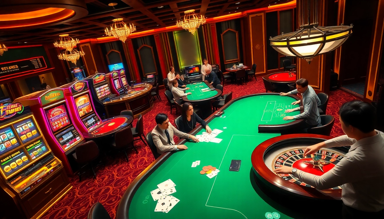 Exciting atmosphere of casino gaming at https://rr888.in.net/ featuring poker tables, slot machines, and enthusiastic players.