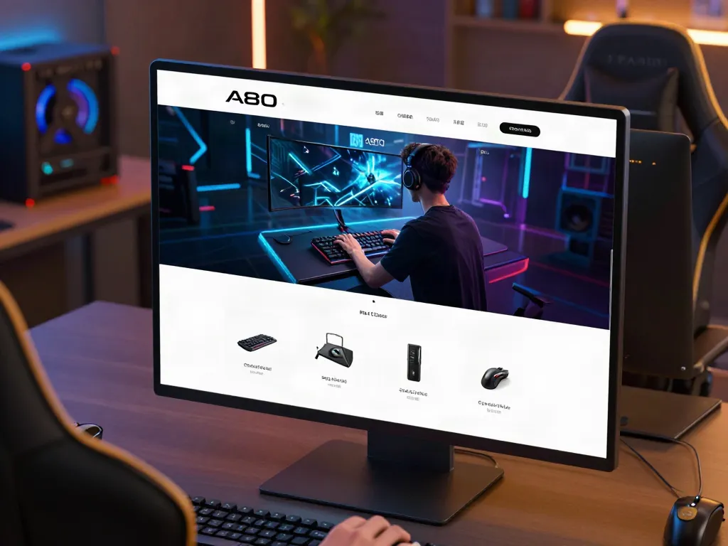 A80 homepage displayed on a gaming monitor showcasing an immersive gaming experience.