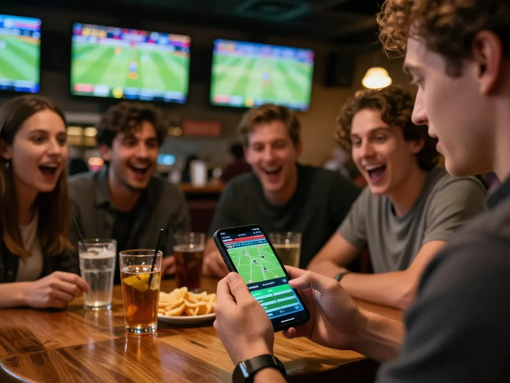 Kèo nhà cái hôm nay showcasing active sports betting in a lively bar with friends and live game displays.