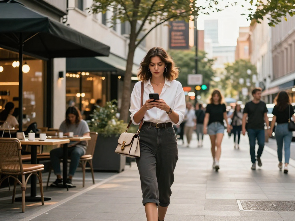 Gái gọi đang sử dụng smartphone trong khung cảnh thành phố hiện đại.