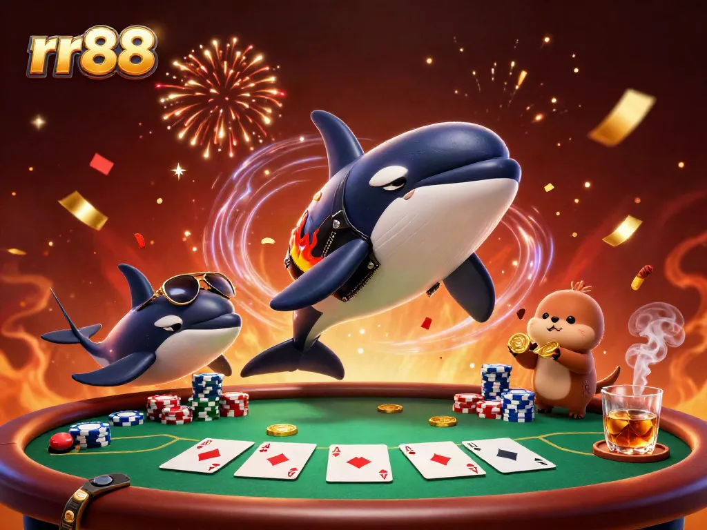 Experience thrilling gaming at rr88 with a playful orca, stingray, and otters surrounded by casino elements.