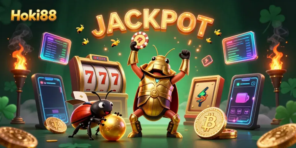 Hoki88 menghibur pemain dengan jackpot, simbol slot, dan karakter unik yang bersaing di kasino.