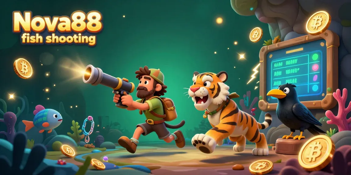 Engage in Nova88 fish shooting featuring a caveman, saber-tooth tiger, and scoreboard for thrilling underwater gaming.