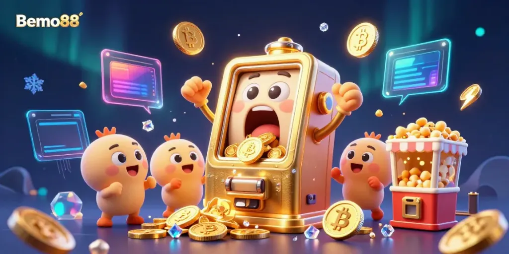 Bemo88 slot machine celebrating a jackpot with coins overflowing in a lively 3D casino scene.