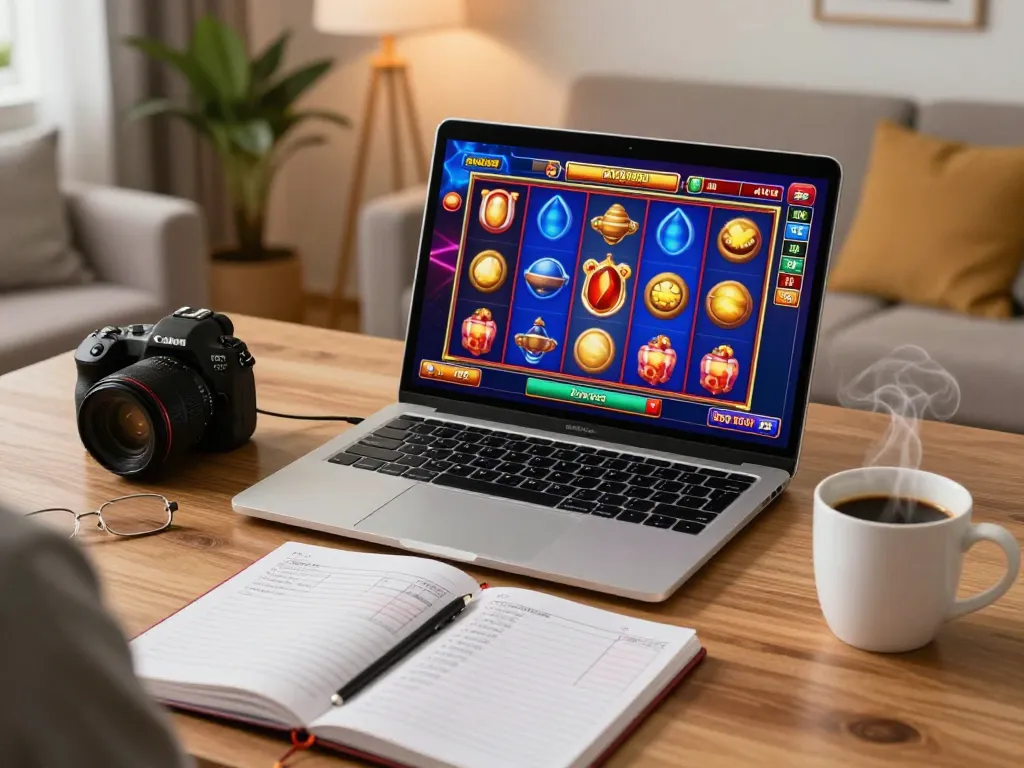 Engaging slot online gameplay on a laptop at home, highlighting excitement and responsible gambling.
