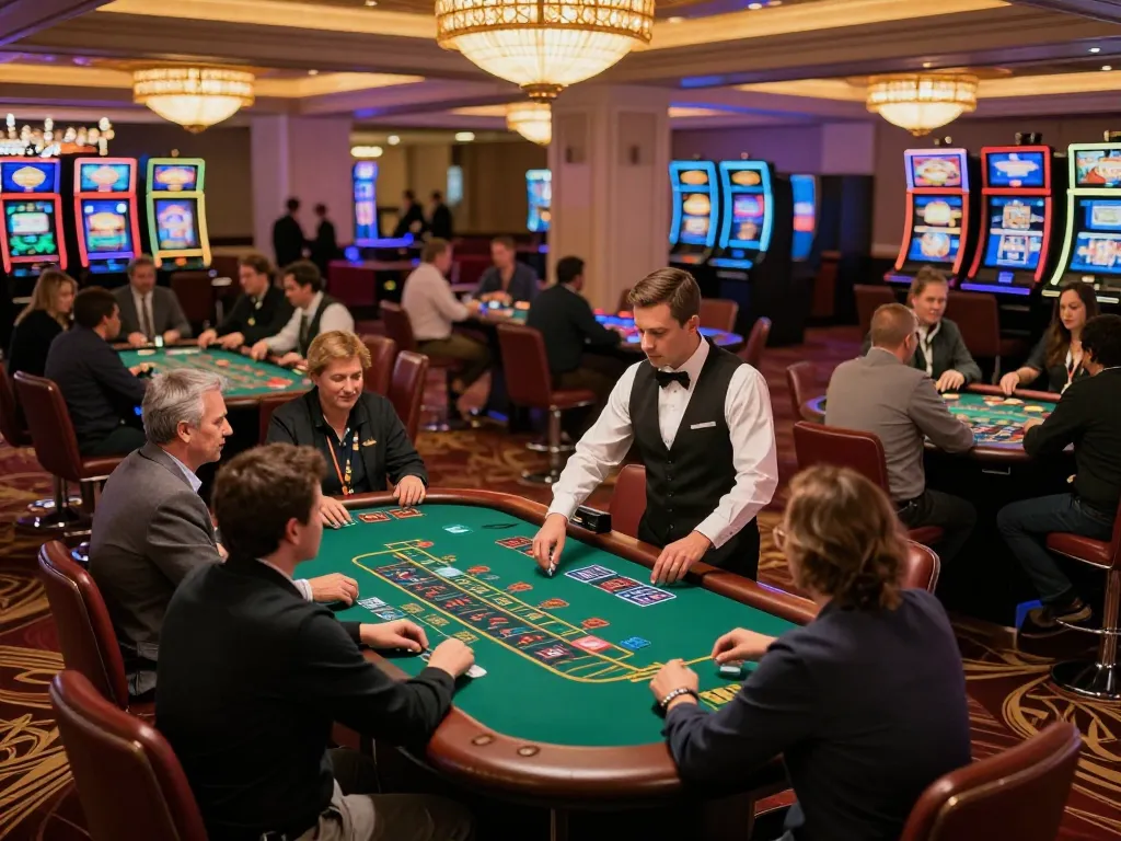 Exciting casino scene with players strategizing at blackjack tables at nhà cái ww88, highlighting vibrant gaming atmosphere.
