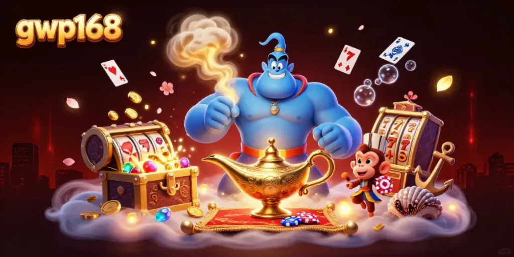 Permainan slot yang menguntungkan di gwp168, ilustrasi 3D dengan lampu Jin dan simbol unik.