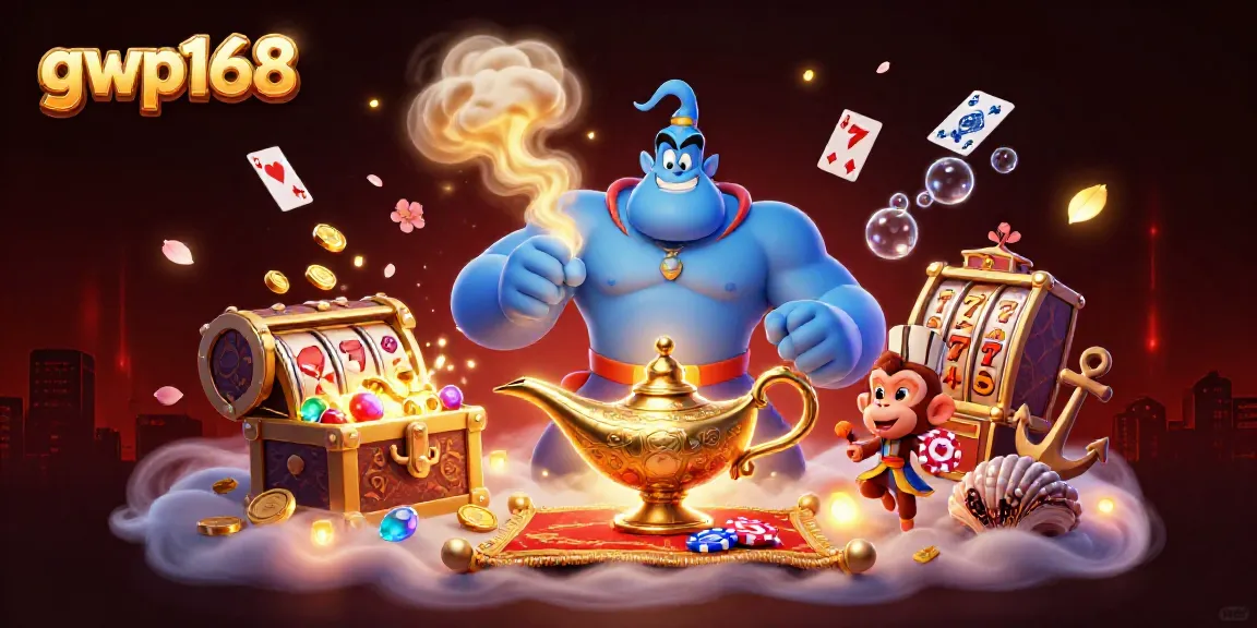 Permainan slot yang menguntungkan di gwp168, ilustrasi 3D dengan lampu Jin dan simbol unik.