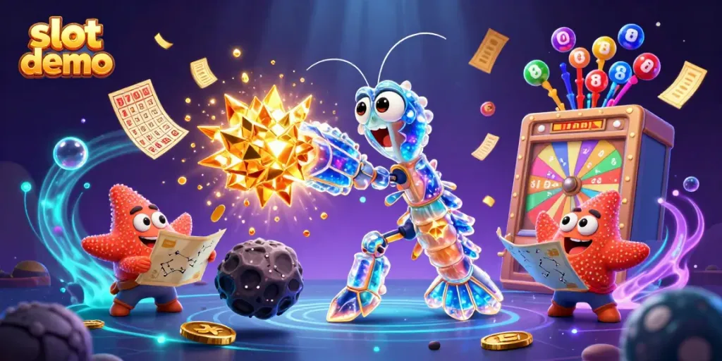 Slot demo menampilkan simbol slot dan karakter kasino dalam ilustrasi 3D yang menarik.