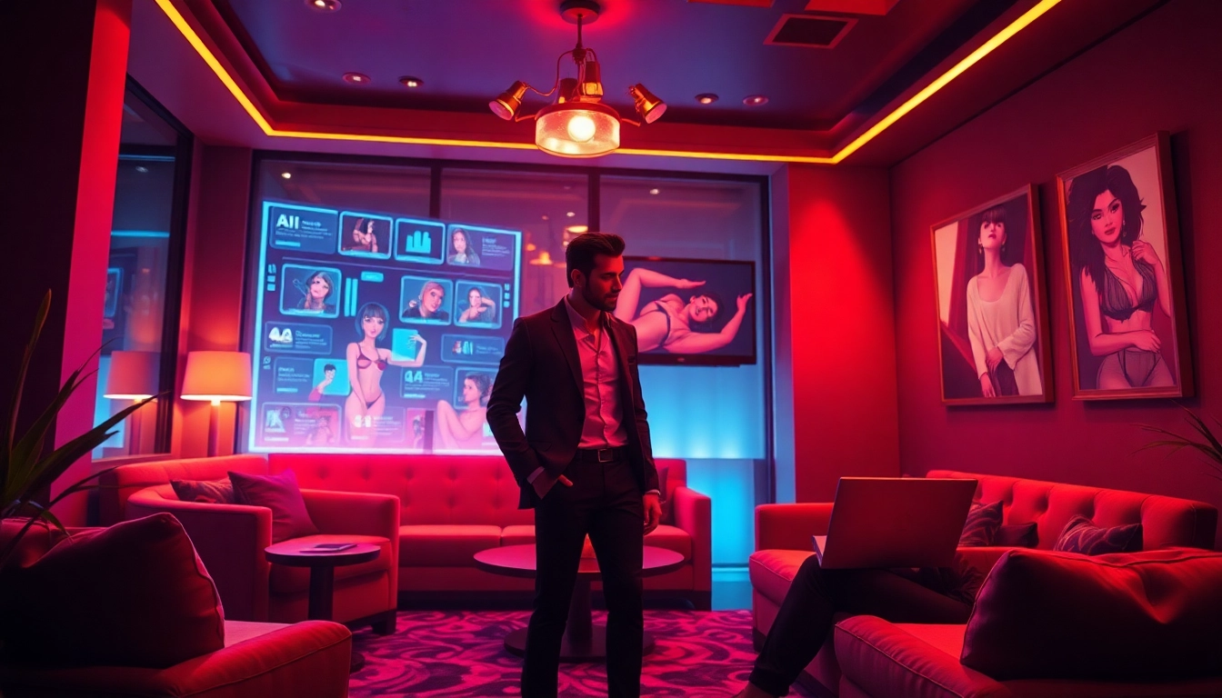 Engaging NSFW chat scene in a luxurious lounge with interactive AI elements.