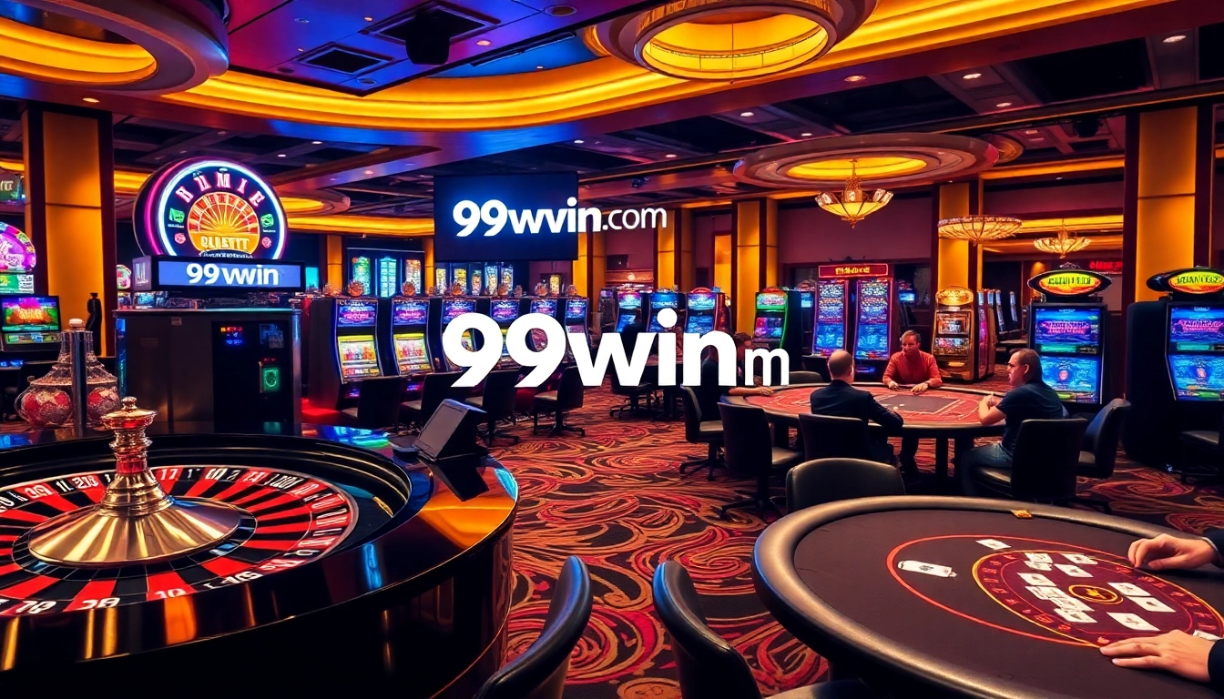 Engaging casino scene featuring 99win com with roulette, slot machines, and poker tables.