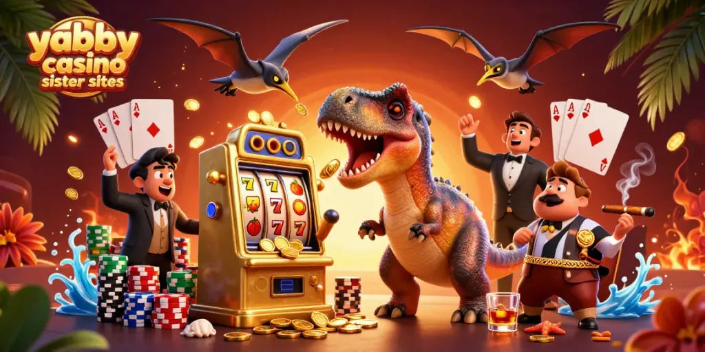 A pachycephalosaurus interacts with a slot machine while an ankylosaur waves and a pteranodon catches coins in a vibrant casino scene representing yabby casino sister sites.