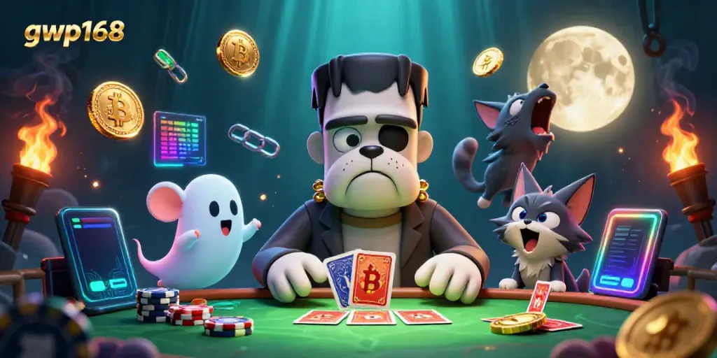 GWP168 menampilkan bulldog Frankenstein yang berurusan dengan kartu di meja kasino dengan suasana menakutkan dan efek menarik.