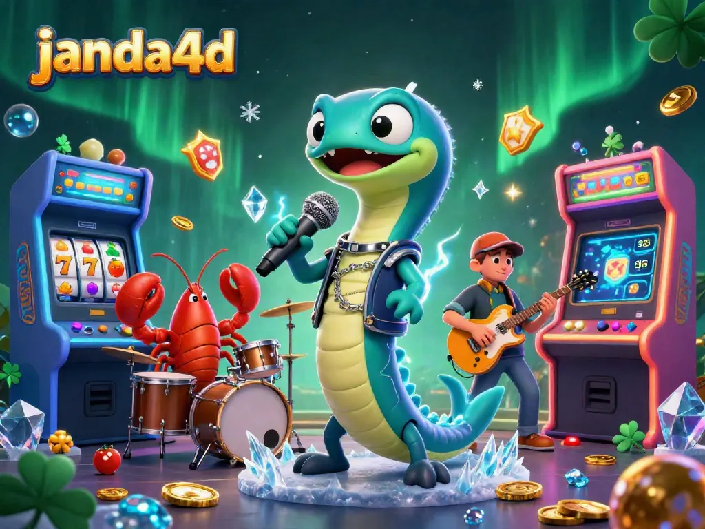 Permainan slot seru di JANDA4D dengan ilustrasi lucu dari seekor belut listrik, drummer lobster, dan gitaris kuda laut