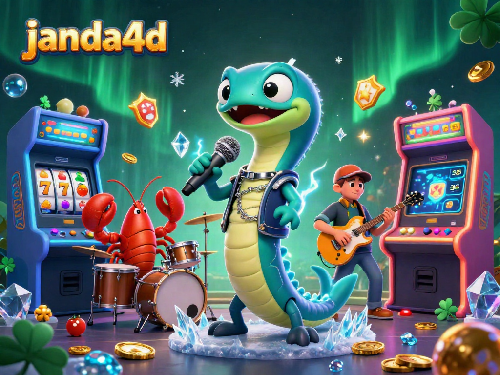 Permainan slot seru di JANDA4D dengan ilustrasi lucu dari seekor belut listrik, drummer lobster, dan gitaris kuda laut