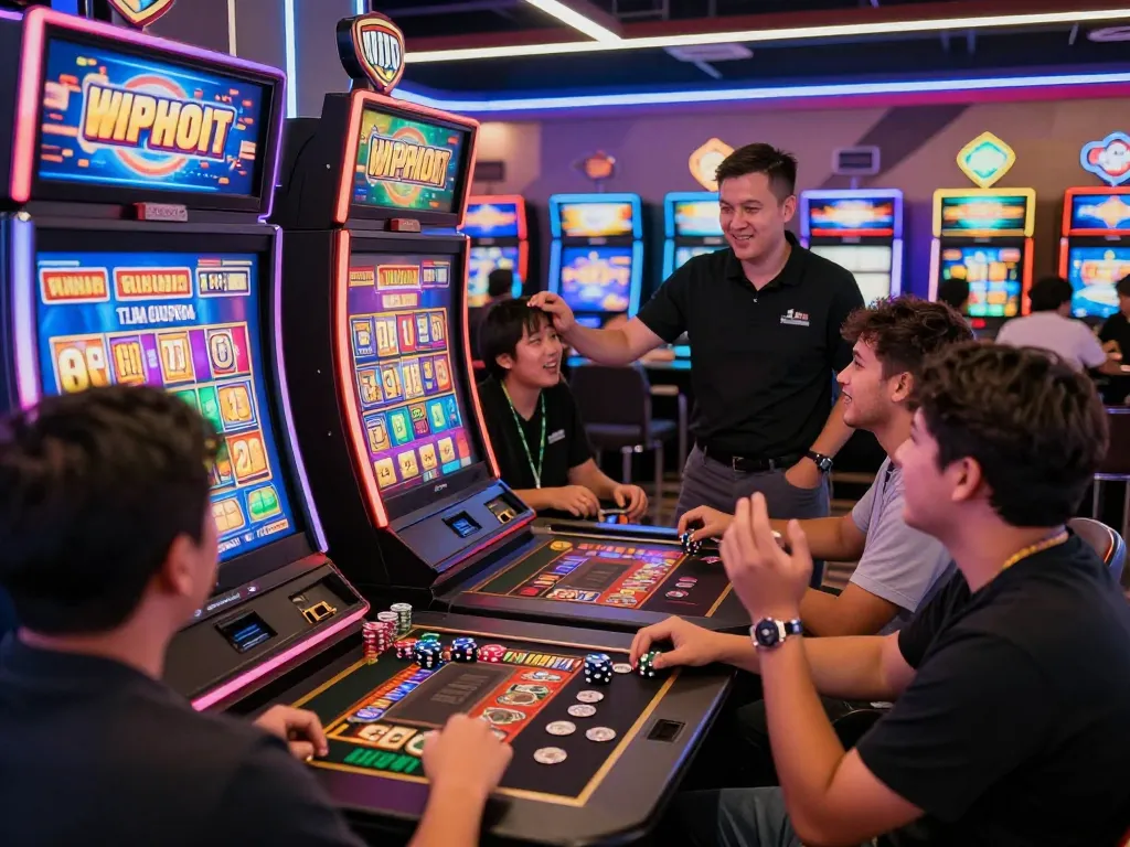Atmosfer permainan online yang menarik dengan pemain di mesin slot situs dan layar yang cerah.