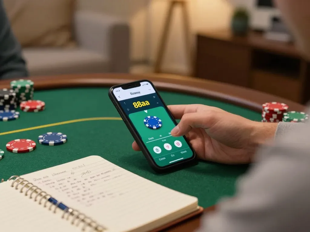Player engaging in online poker with 88aa app in cozy home setting