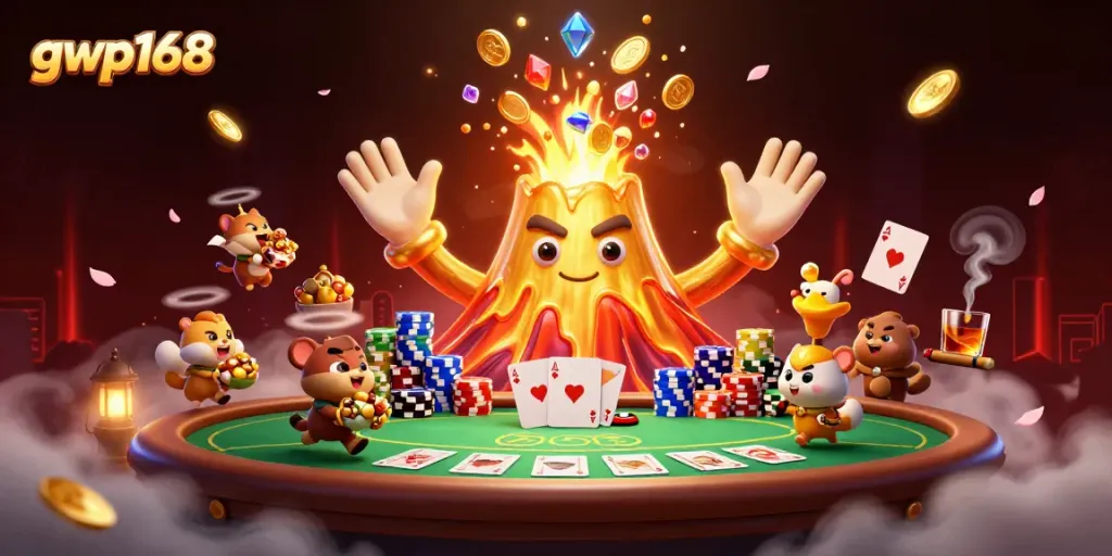 GWP168: Ejekan kemenangan di game dengan gunung emas dan karakter penuh harta.