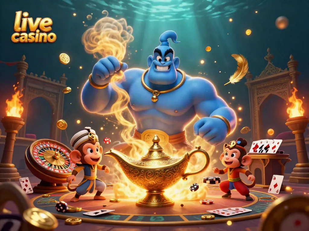 Permainan live casino dengan karakter genie biru dan kucing, dikelilingi elemen permainan.