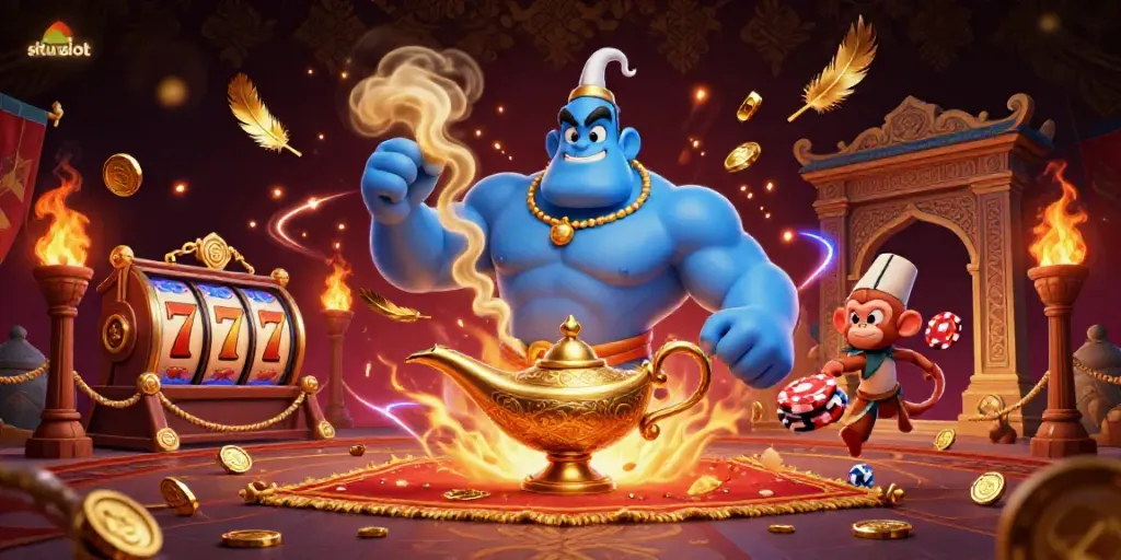 Experience thrilling gameplay at situs slot with a magical genie, a poker chip carpet, and dynamic slot elements.