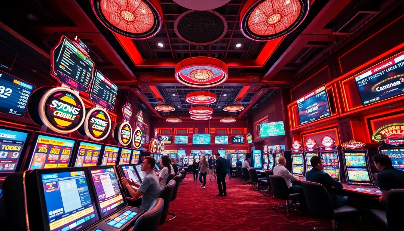 Escena emocionante de apuestas en línea en la vibrante atmósfera del casino de 79king, mostrando diversas experiencias de juego.