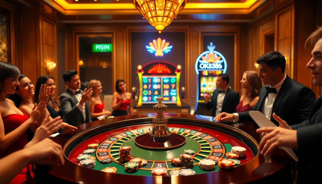 Players enjoying a thrilling roulette game at an upscale casino featuring OK8386 chips.
