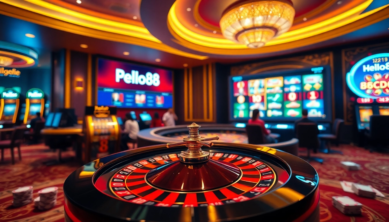 Hello88 casino scene featuring a digital roulette wheel and vibrant poker chips.