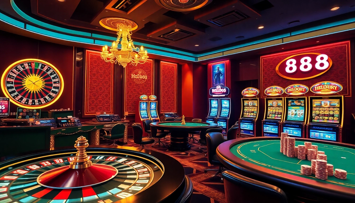 Experience the excitement of gambling with Hello88's vibrant casino scene featuring roulette and slots.