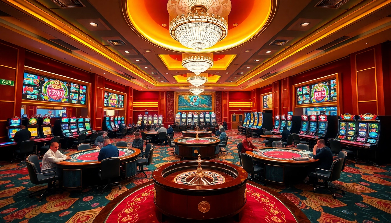 Experience excitement at GG88 with vibrant casino games and poker tables in a luxurious setting.
