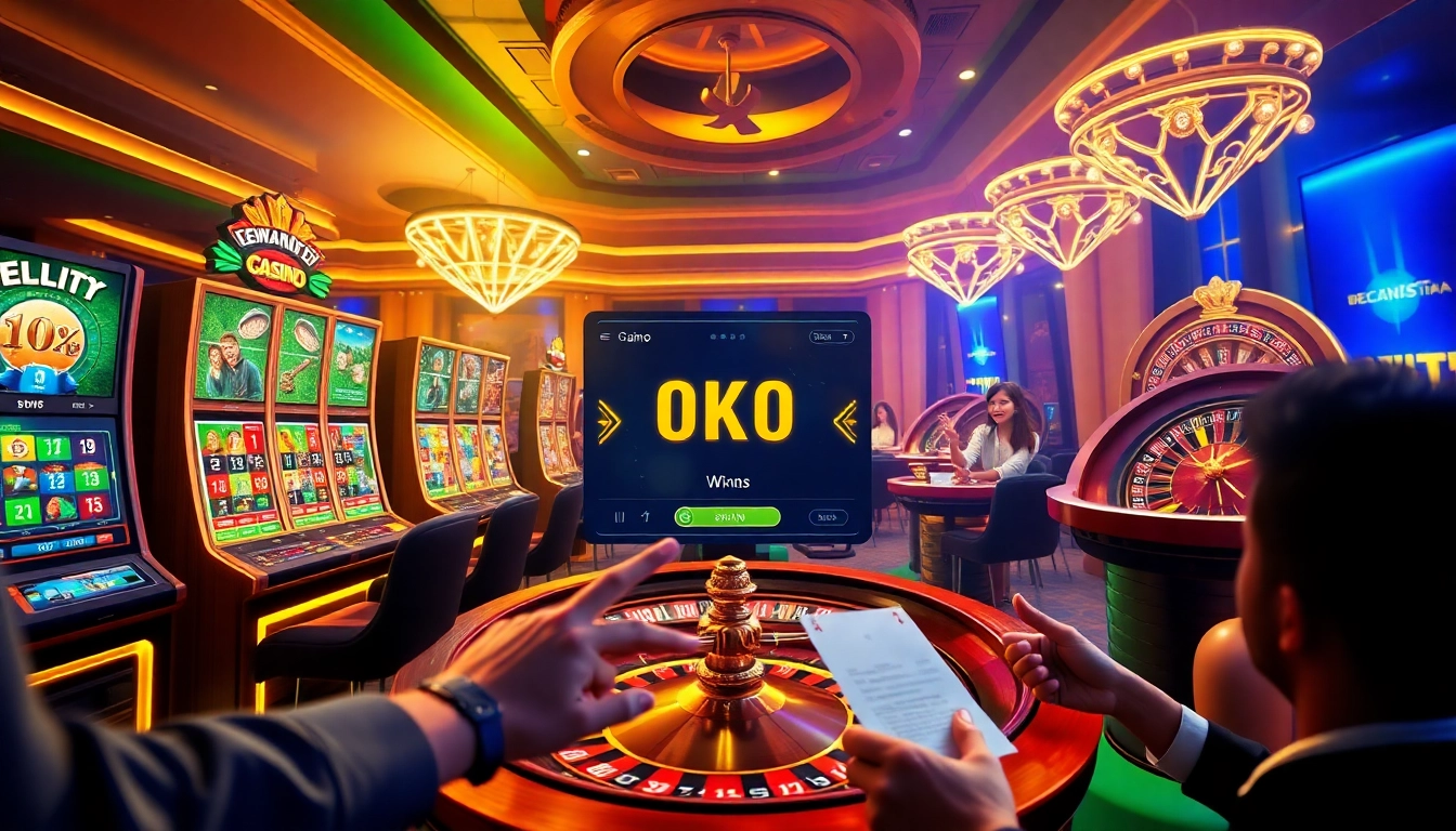 Pemain Dewanaga89 merayakan kemenangan besar di kasino online mewah yang penuh mesin slot dan roda roulette.