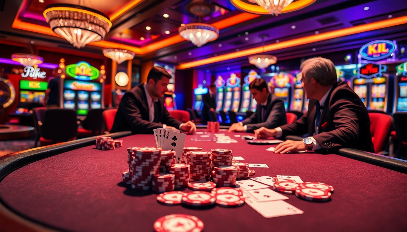 KJC gamers strategizing at a luxury casino table amidst vibrant slot machines.