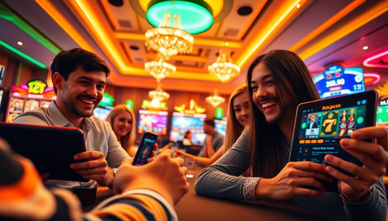 Players immersed in the exciting online gaming world of bolagacor, showcasing vibrant casino elements.