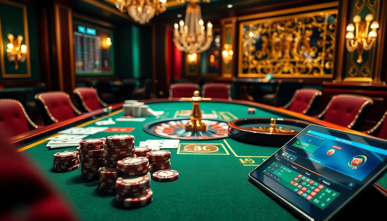 S8 casino table featuring vibrant playing cards, chips, and roulette wheel in a luxurious setting.