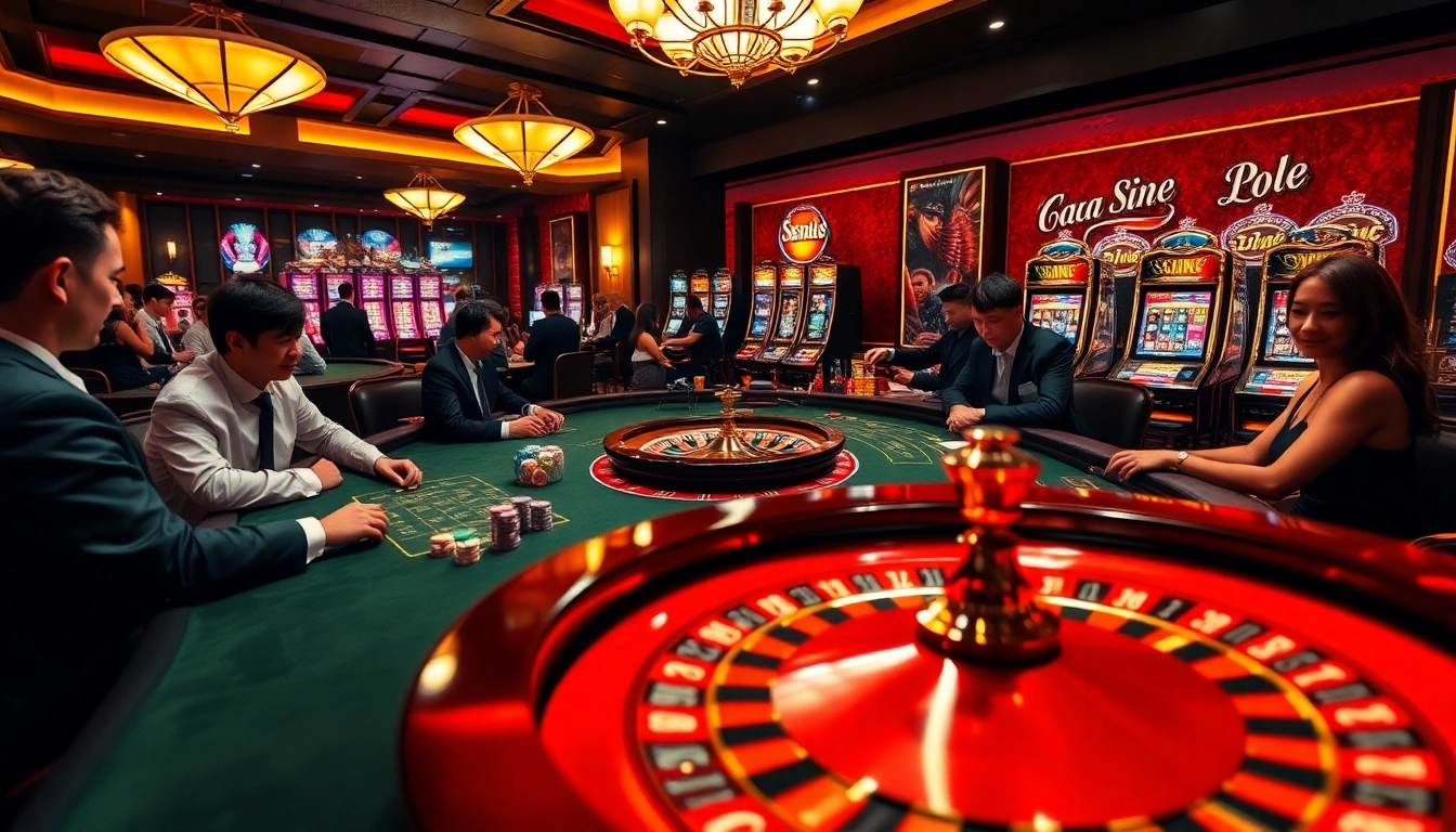 A thrilling casino scene with gamblers enjoying games at mg188s.com, featuring roulette and poker elements.