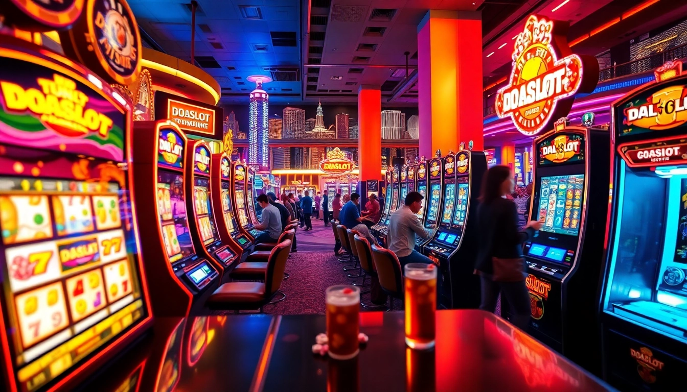 Engaging players at the doaslot slot machines in a vibrant casino atmosphere with colorful lights.