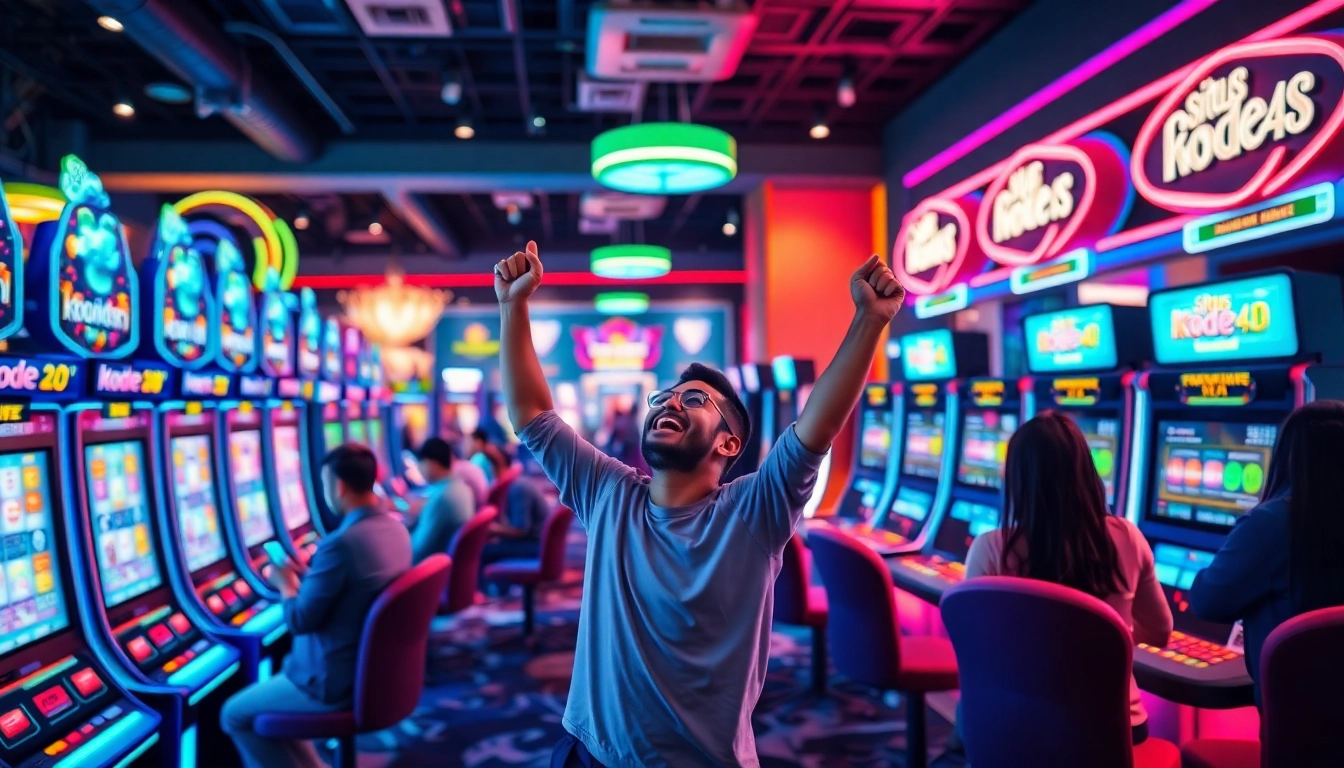 Situs kode4d gaming environment showcasing vibrant slot machines and excited players.