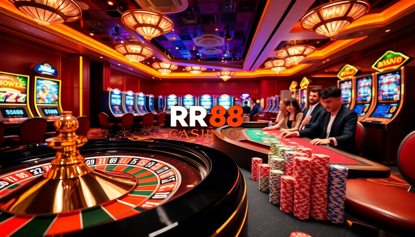 Experience the excitement of RR88 Casino with vibrant roulette wheels and poker chips.