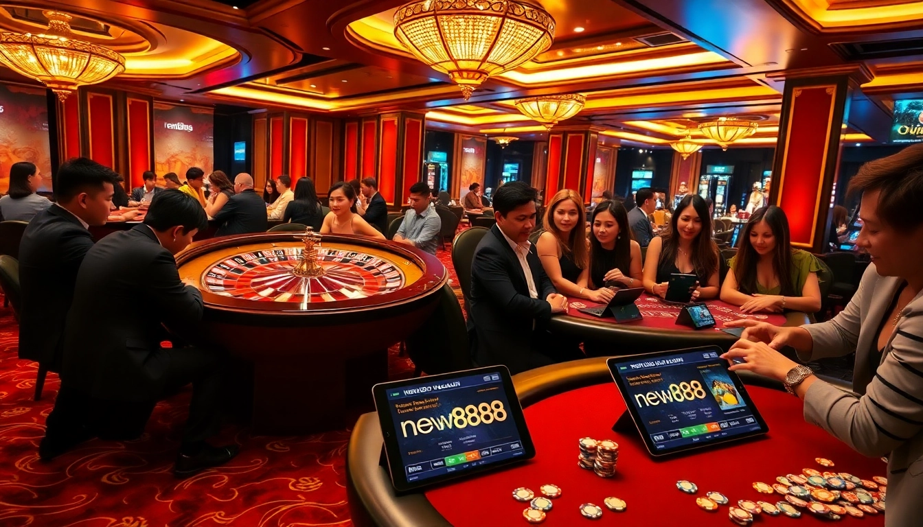 Players enjoying the thrill of new888 at a luxurious casino table with poker chips.