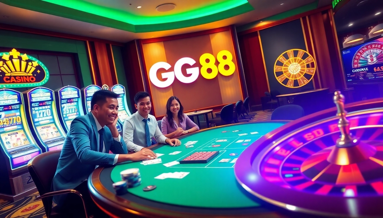 Experience high-stakes gaming at GG88 with vibrant casino visuals of poker tables and roulette wheels.