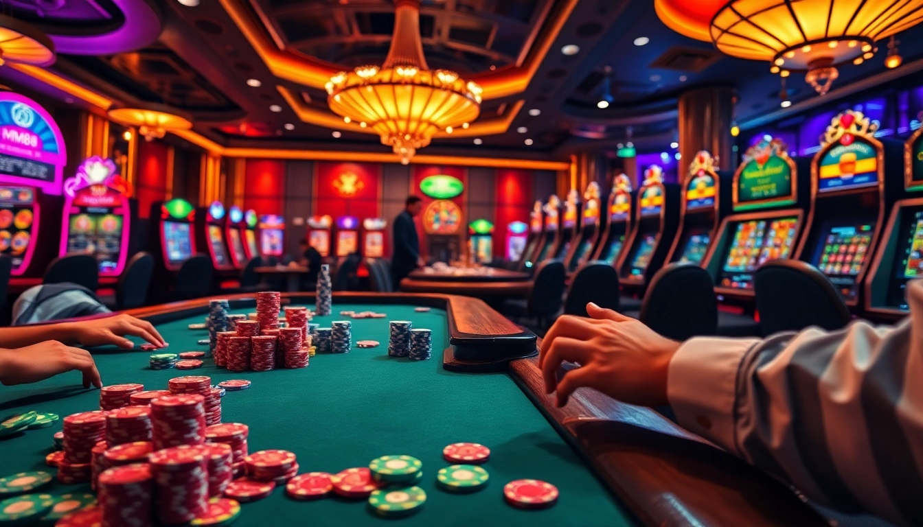 Engaging MM88 casino players at a vibrant poker table surrounded by slot machines and roulette wheels.