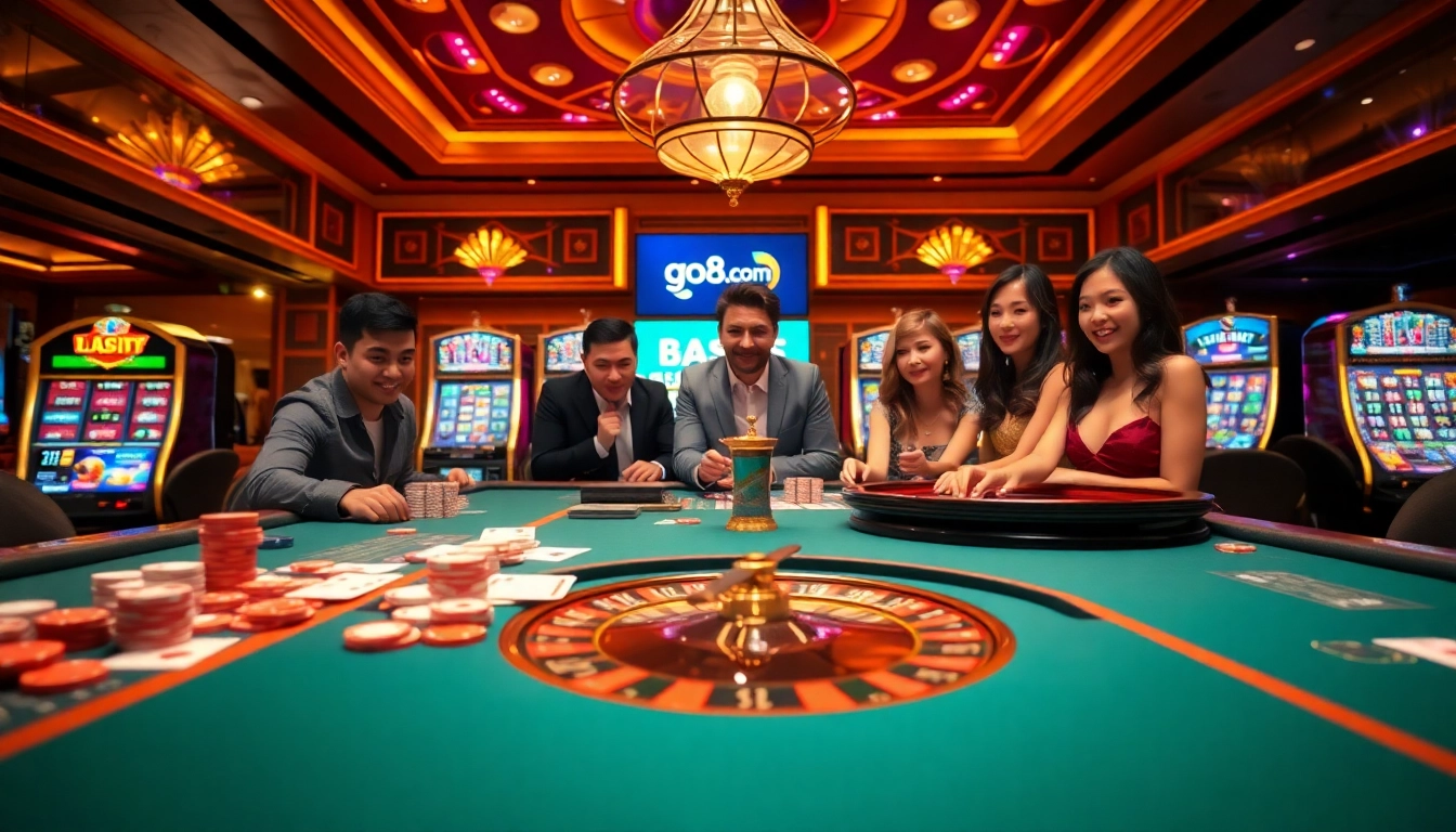 Engaged players at go8.com gaming table, experiencing excitement and strategic gameplay.