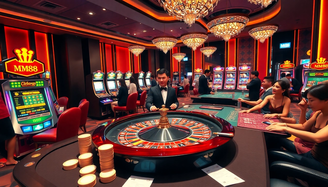Experience thrilling gambling action at mm88 casino with exciting roulette, vibrant slot machines, and engaged players.