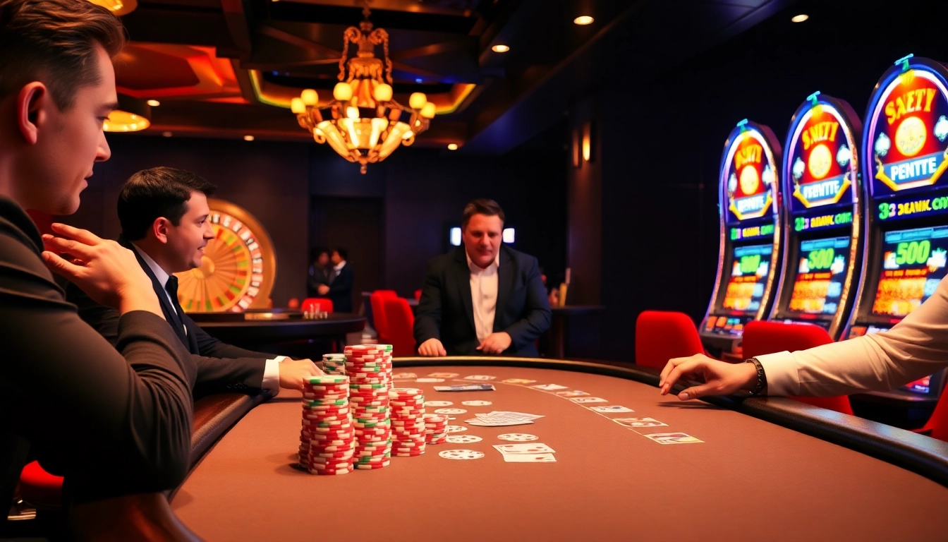 A dynamic casino ambiance illustrating a high-stakes poker game at 32win com with colorful chips and a spinning roulette wheel.